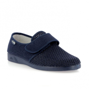 Chaussure homme Textile aéré Doublure coton antibactérien Fermeture velcro SEMELFLEX Coloris marine ou beige. Vue d'ensemble de biais d'une chaussure droite.