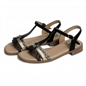 Sandale femme Cuir souple Nu-pied dame talon carré plat Fermeture boucle GEO REINO polux coloris noir multi / doré. Vue d'ensemble de biais de deux chaussures.