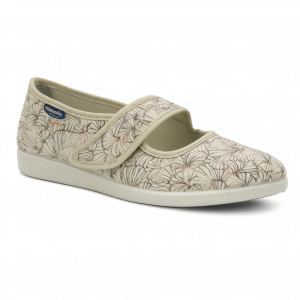 Chaussure toile femme Fermeture scratch Doublure textile Pantoufle dame Semelle très légèrement compensée SEMELFLEX Coloris beige multi. Vue de biais de l'avant d'une chaussure droite.