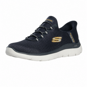 Baskets homme toile souple Dessus sans couture Tennis Lacets élastiqués Voûte plantaire Semelle à mémoire de forme Ultra-légères SKECHERS coloris bleu marine. Vue d'ensemble de biais d'une chaussure gauche.