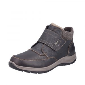 Chaussure homme cuir Chaussant large Doublure chaude Large scratch Boots imperméable RIEKER Coloris marron. Vue d'ensemble de biais d'une bottine gauche.