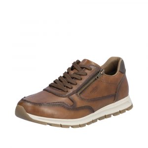 Tennis homme Fermeture lacet + zip Chaussure basse cuir Chaussant extra-large RIEKER Coloris Marron. Vue d'ensemble de biais d'une chaussure gauche.