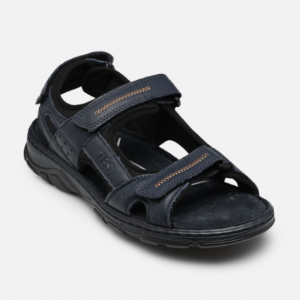 Sandale homme Nu-pied Velcros Cuir et textile Semelle souple TBS Coloris marron/marine ou bleu/noir. Vue d'ensemble de biais d'une chaussure droite.
