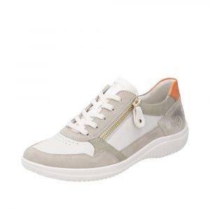 Tennis confort femme semelle souple Talon compensé Chaussure basse dame grande pointure fermeture lacets + zip REMONTE R7637 coloris blanc multi. Vue d'ensemble de biais d'une chaussure gauche.