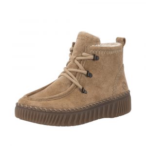 Boots femme cuir souple Doublure chaude Lacet + zip Semelle épaisse Talon plat Bottine dame REMONTE Coloris camel. Vue d'ensemble de biais d'une chaussure gauche.