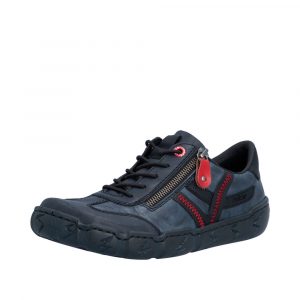 Tennis femme Chaussant extra-large Lacet élastiqué Basket dame Semelle souple RIEKER coloris bleu marine. Vue d'ensemble de biais d'une chaussure gauche.