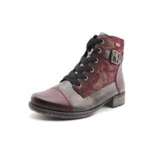 Boots femme Remonte, cuir bordeaux et marron, lacets noirs, boucle décorative