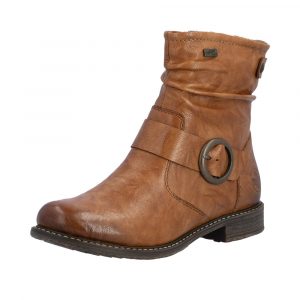 Bottines femme Talon carré plat Cuir lisse Boots dame Chaussant extra large RIEKER coloris marron camel. Vue d'ensemble de biais de l'avant d'une chaussure gauche.