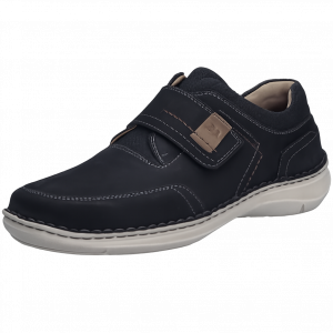 Chaussure basse homme Velcro Cuir Extra large Semelle intérieure amovible Bout carré JOSEF SEIBEL Coloris bleu marine. Vue d'ensemble de biais d'une chaussure gauche.