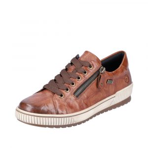 Tennis femme cuir Semelle plate lacet + zip Chaussure dame imperméable Doublure textile REMONTE coloris marron. Vue de biais de l'avant d'une chaussure gauche.