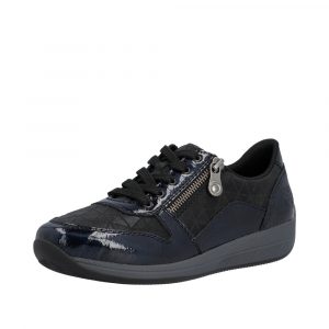 Tennis femme Talon compensé Grande largeur Lacet+zip Basket dame Semelle intérieur cuir RIEKER Coloris bleu / noir. Vue de biais de l'avant d'une chaussure gauche.