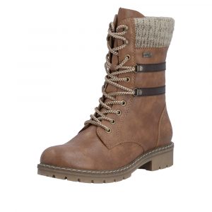 Boots femme Doublure chaude Lacets + zip Bottine dame faux cuir Talon décroché RIEKER Coloris marron camel. Vue de biais de l'avant d'une chaussure gauche.