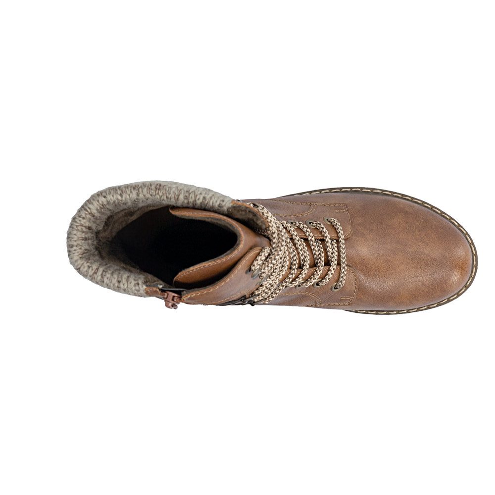 Boots femme Doublure chaude Lacets + zip Bottine dame faux cuir Talon décroché RIEKER Coloris marron camel. Vue de dessus d'une chaussure gauche.