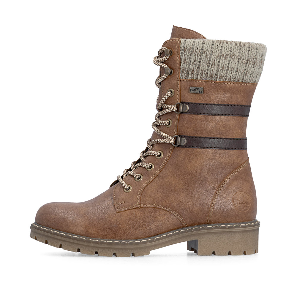 Boots femme Doublure chaude Lacets + zip Bottine dame faux cuir Talon décroché RIEKER Coloris marron camel. Vue du profil extérieur d'une chaussure gauche laissant apparaître le col en tricot.
