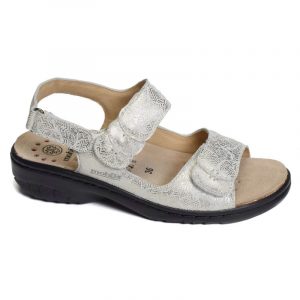 Sandale compensé femme Trois velcros Dessus cuir Doublure cuir Semelle intérieure amovible Nu-Pieds dame confort MEPHISTO/MOBILS GETHA Coloris Blanc irisé. Vue de biais de l'avant d'une chaussure droite.