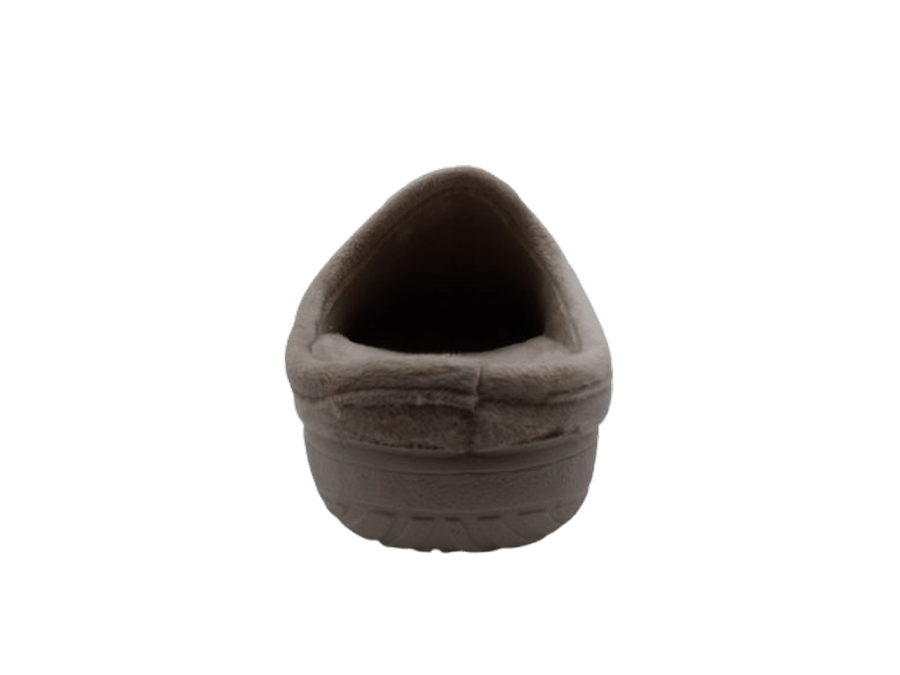 Mule talon compensé femme semelle caoutchouc Chausson velours chaud dame message humoristique "QUI S'Y FROTTE S'Y PIQUE !!" LA MAISON DE L'ESPADRILLE Coloris beige / motif marron. Vue de l'arrière d'une chaussure gauche laissant apparaître la hauteur du talon.